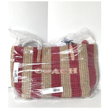 Load image into Gallery viewer, Coach City Tote CER30 Large Red Tan Striped Straw Carryall Bag