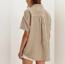 Load image into Gallery viewer, Woman wearing a beige and brown striped shirt dress on a white background