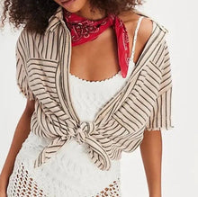 Load image into Gallery viewer, Woman wearing a striped shirt over a white dress with a red bandana, on a white background