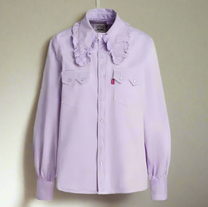 Ganni X Levi's Western Cotton Shirt Womens Purple Snap Front Ruffled Relaxed