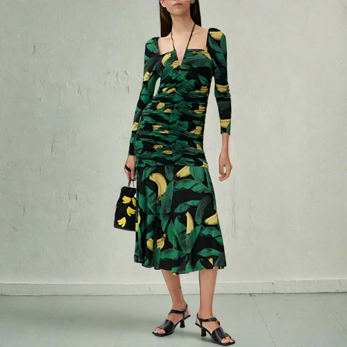 GANNI Ruched Mesh Midi Bodycon Dress Green Stretch Jersey Banana Leaf