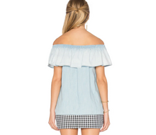 Load image into Gallery viewer, Soft Joie Off Shoulder Ruffle Chambray Top Cotton Lyocell Blue Blouse