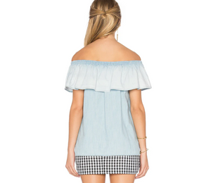 Soft Joie Off Shoulder Ruffle Chambray Top Cotton Lyocell Blue Blouse