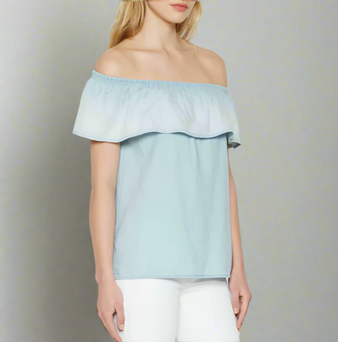 Soft Joie Off Shoulder Ruffle Chambray Top Cotton Lyocell Blue Blouse