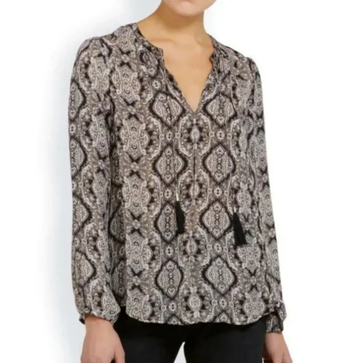 Joie Women's Calla V-Neck Tassel Ties Long Sleeve Paisley Silk Top - Small