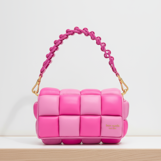 Pink textured handbag with a chain handle on a white background