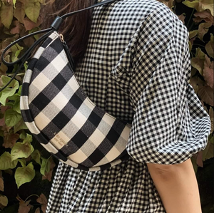 Kate Spade Smile Black Gingham Shoulder Bag Check Small Leather Trim Zip