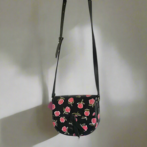 Kate Spade Knott Ditsy Rose Crossbody Black Leather Floral Saddle Bag Small