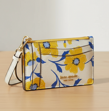 Load image into Gallery viewer, Floral patterned cardholder with a strap on a white background