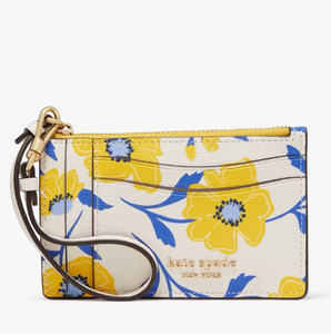 Floral patterned cardholder with a strap on a white background