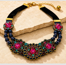 Load image into Gallery viewer, Kate Spade Statement Necklace Vintage Leather Crystal Pearl Beads Victorian