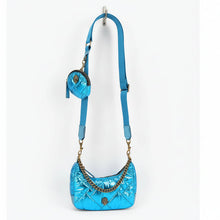 Load image into Gallery viewer, Blue quilted handbag with a matching round pouch on a white background