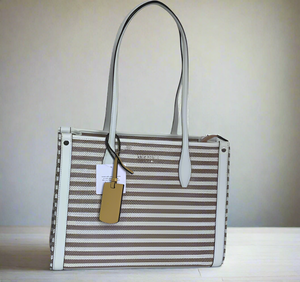 Kate Spade Market Stripe Canvas Tote Beige Medium Stripe Zip Shoulder Bag