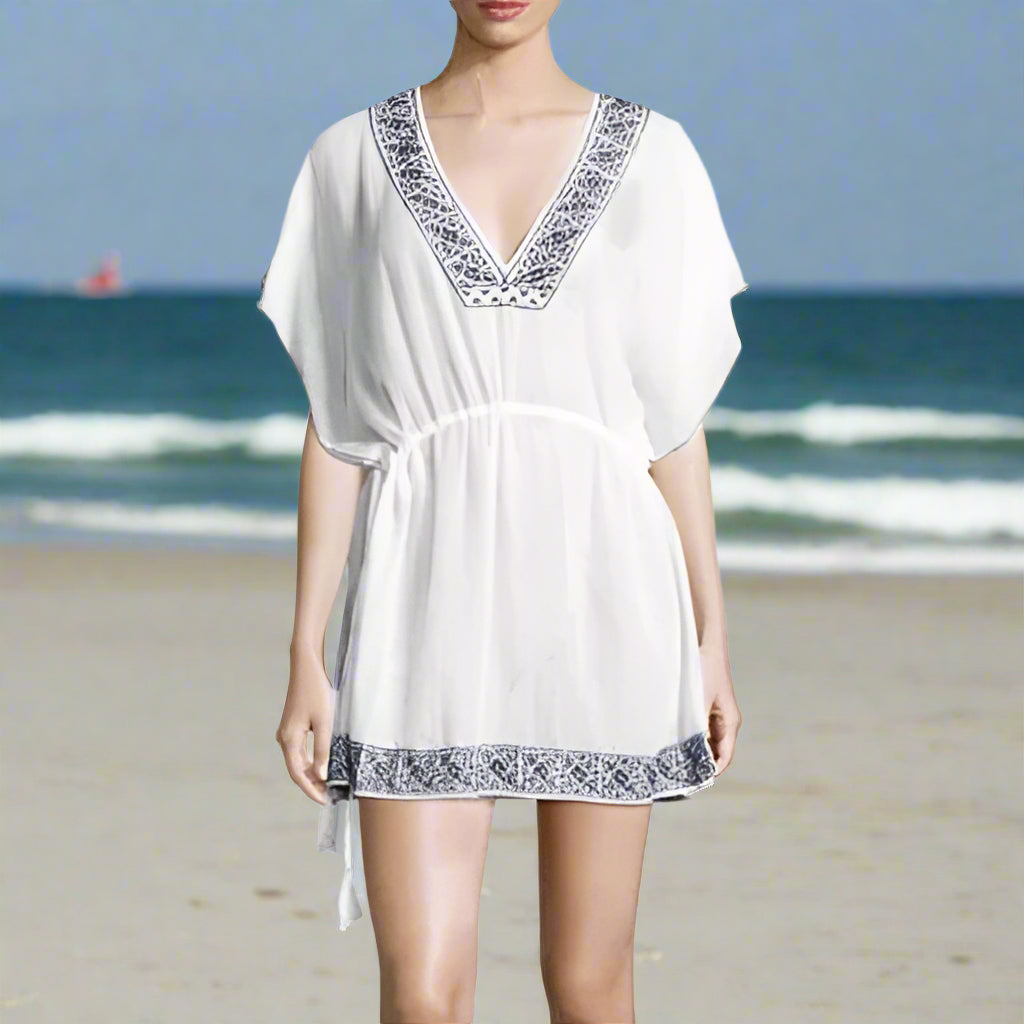 Joie Tunic Beach Dress Coverup M/L White V-Neck Blue Embroidered Cotto – Luxe Fashion Finds