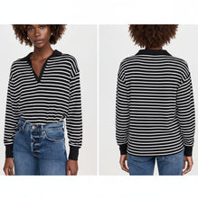 Load image into Gallery viewer, Black and white striped long-sleeve top worn by a person, shown from front and back on a plain background.