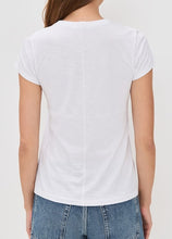 Load image into Gallery viewer, A woman viewed from the back wearing a plain white short-sleeve crew-neck T-shirt and blue jeans against a light gray studio background.