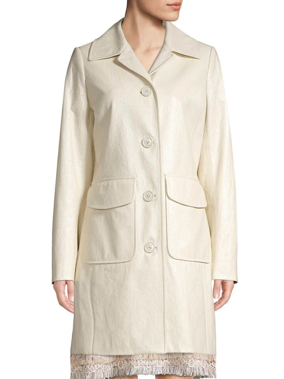 Elie Tahari Coat Womens Large Off White Long Faux-Patent-Leather Midi Sampson