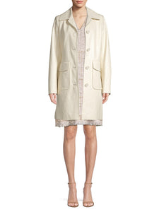 Elie Tahari Coat Womens Large Off White Long Faux-Patent-Leather Midi Sampson