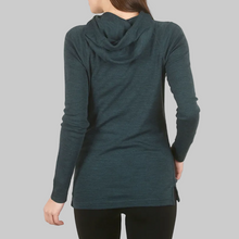 Load image into Gallery viewer, Person wearing a teal long-sleeve top with a cowl neck on a beige background