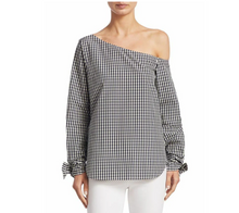 Load image into Gallery viewer, Theory Shirt Womens Extra Small Blue Off-the-Shoulder Cotton-Silk Gingham