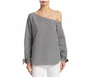 Theory Shirt Womens Extra Small Blue Off-the-Shoulder Cotton-Silk Gingham