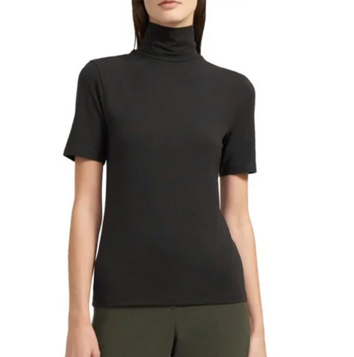 Person wearing a black turtleneck shirt and green pants on a white background