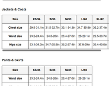 Load image into Gallery viewer, Measurement chart for jackets and coats with size ranges for chest, waist, and hips.