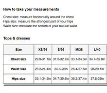 Load image into Gallery viewer, Measurement guide for tops and dresses with size chart