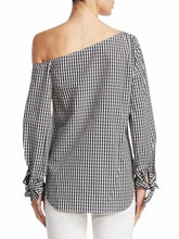 Load image into Gallery viewer, Theory Women&#39;s Off-the-Shoulder Cotton-Silk Blue White Gingham Shirt w Tie Cuffs. - Luxe Fashion Finds