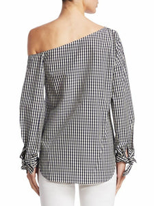 Theory Women's Off-the-Shoulder Cotton-Silk Blue White Gingham Shirt w Tie Cuffs. - Luxe Fashion Finds