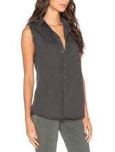 Load image into Gallery viewer, Mother Women&#39;s  Sleeveless Fray Foxy Cotton Linen Button Up Charcoal Shirt - Small - Luxe Fashion Finds