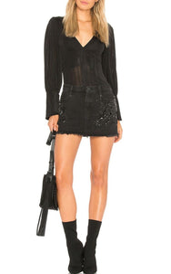 Free People Shine Bright Shine Far Crystal Beaded Black Denim Mini Skirt - Luxe Fashion Finds