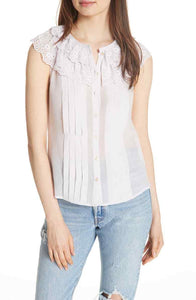 Rebecca Taylor Dree Cotton Silk Ruffle Eyelet Sleeveless Button Up Pink Blouse - Luxe Fashion Finds