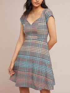 Anthropologie Women's Short Sleeve Blue Plaid A-Line Fit & Flare Dress - 14 - Luxe Fashion Finds
