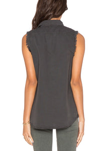 Mother Women's  Sleeveless Fray Foxy Cotton Linen Button Up Charcoal Shirt - Small - Luxe Fashion Finds