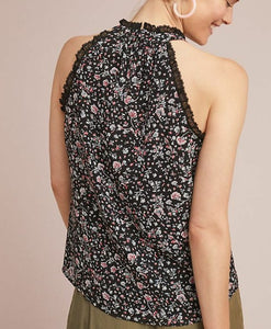 Anthropologie Women's Lace Ruffle High Neck Sleeveless Pink Floral Blouse - M - Luxe Fashion Finds