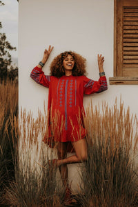 Anthropologie Ranna Gill Off The Shoulder Embroidered Peasant Red Cotton Dress S - Luxe Fashion Finds