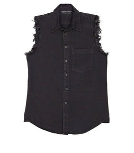 Mother Women's  Sleeveless Fray Foxy Cotton Linen Button Up Charcoal Shirt - Small - Luxe Fashion Finds