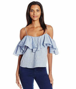 Misa Los Angeles Women's Marina Cold Shoulder Cotton Ruffle Blue Blouse - Large - Luxe Fashion Finds