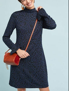 Anthropologie Women's Hutch Blue Floral Mock Neck Black Tunic Sweater Dress - S - Luxe Fashion Finds