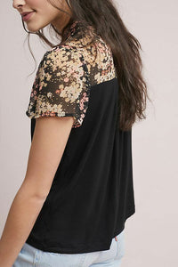 Anthropologie Women's Boho Floral Neck-Tie Short Sleeve Jersey Black Top - XS - Luxe Fashion Finds