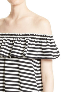 Kate Spade Women's Off the Shoulder Ruffle Cotton White Striped Shift Dress. - Luxe Fashion Finds