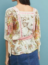Load image into Gallery viewer, Anthropologie Women&#39;s Floral Print Lace Trim Kimono Sleeve Ivory Chiffon Blouse - Luxe Fashion Finds