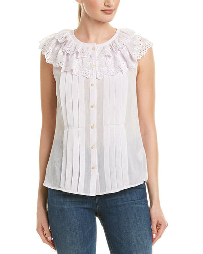Rebecca Taylor Dree Cotton Silk Ruffle Eyelet Sleeveless Button Up Pink Blouse - Luxe Fashion Finds