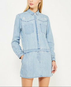 Juicy Couture Western Chambray Embroidered Denim Mini Shirt Dress Small