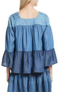 Kate Spade Women's Chambray Ruffle Floral Embroidered Smocked Blue Top - Luxe Fashion Finds