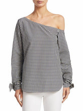 Load image into Gallery viewer, Theory Women&#39;s Off-the-Shoulder Cotton-Silk Blue White Gingham Shirt w Tie Cuffs. - Luxe Fashion Finds