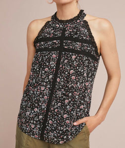 Anthropologie Women's Lace Ruffle High Neck Sleeveless Pink Floral Blouse - M - Luxe Fashion Finds