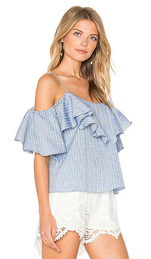 Misa Los Angeles Women's Marina Cold Shoulder Cotton Ruffle Blue Blouse - Large - Luxe Fashion Finds