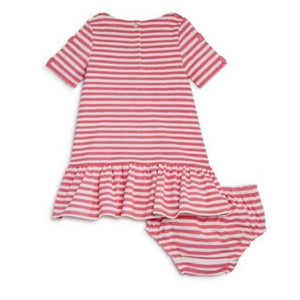 Kate Spade Girl's Bow Trim Cotton Pink Stripe Ruffle Dress & Bloomer Set 24M - Luxe Fashion Finds